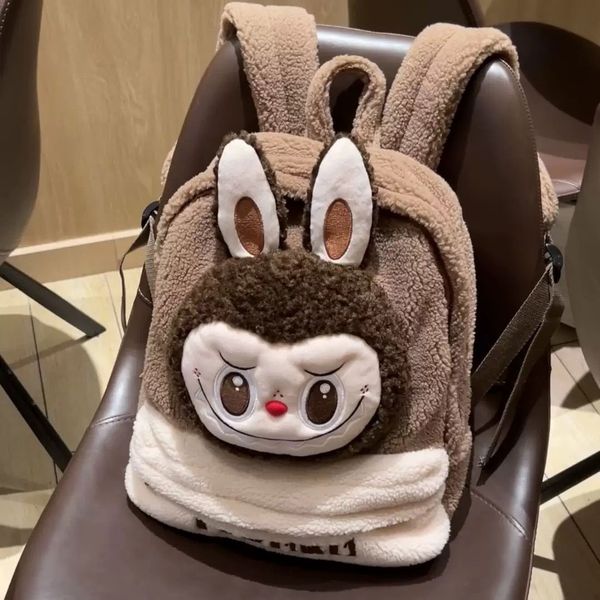 

Designer Labubu cartoon campus schoolbag plush bag cute lamb wool pop mart backpack large capacity, Brown