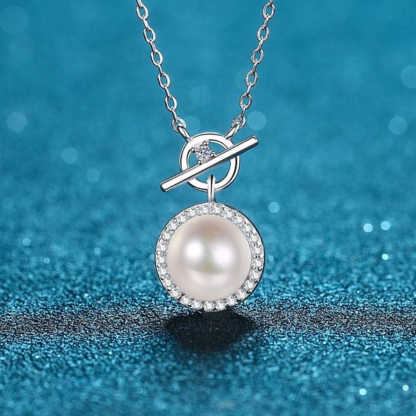 

925 Sterling Silver Freshwater Pearl Moissanite Pendant Necklace with 9mm Flawless Pearl for Women, Lock Clasp Design, Elegant Jewelry Gift