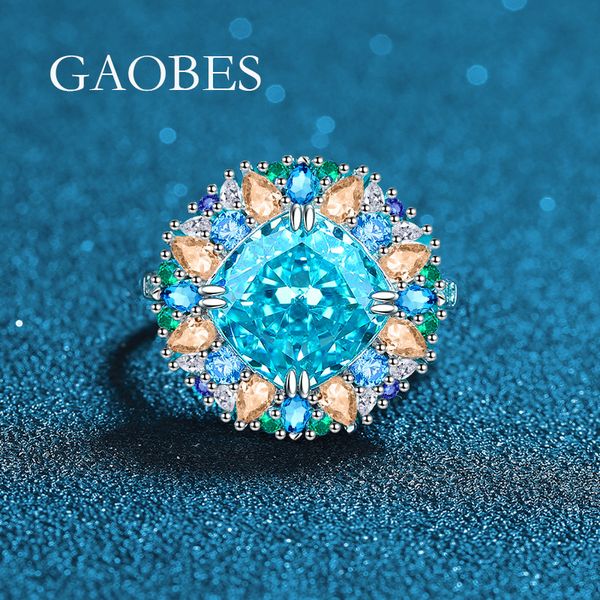 

S925 Sterling Silver Sea Blue High Carbon Diamond Ring, Adjustable Open Band with Multicolored Gemstone Inlay, Fashionable Diamond Ring for Elegant Women