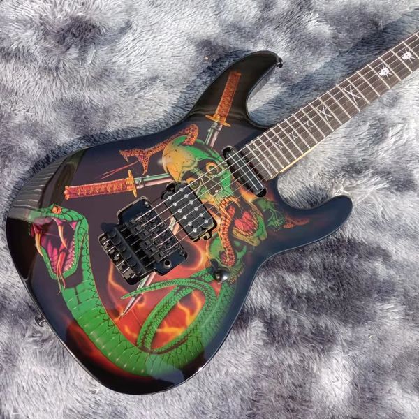 

Bold Dark-Base Electric Guitar: Green Snake, Skull & Swords Graphic, Fiery Red/Orange Accents