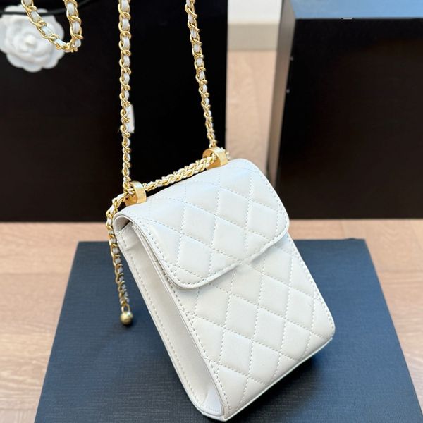 

Mobile Phone Bag Cosmetic Bag Fashion Women Shoulder Bag Genuine Leather Flip Cover Gold Hardware Metal Buckle Matelasse Chain Handbag Crossbody Bag Wallte 17x11cm, White