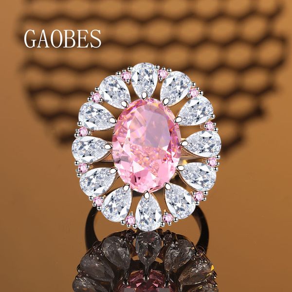 

European & American High-End Design S925 Sterling Silver Ice Flower Cut Oval Pink Gemstone Ring, Full Diamond Accent Band, Luxury Fashion Ring for Women