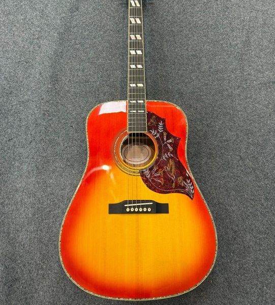 

Sunburst Folk Guitar - Red/Yellow Fade, Floral Pickguard & Warm Acoustic Soul