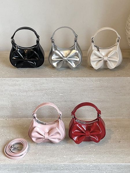 

Fashion Girls Bow handbags kids shiny leather single shoulder alar bag children princess crossbody bags S3898, White