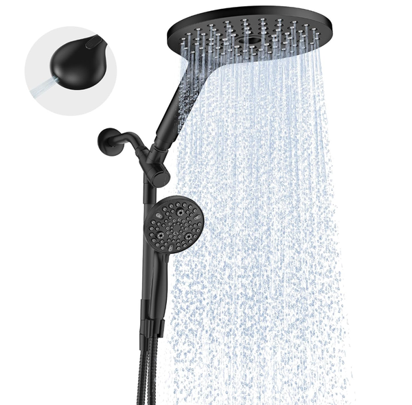 Dual Handheld Shower Head Combo, 2-in-1 Rain Shower Heads System 8 Inch Rainfall Shower and 10 Modes High Pressure Hand Held Shower with Built-in Power Wash matte black