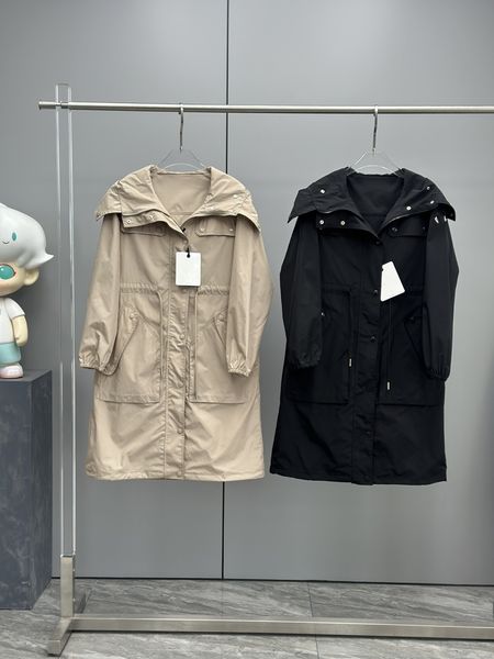 

Women's Trench Coats Designer  Embroidered casual sports style Korean version loose medium long hooded windbreaker jacket, Black