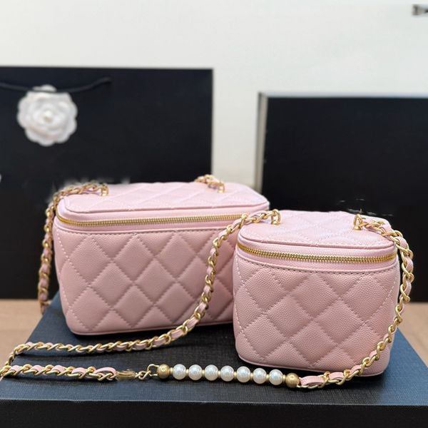 

Pearl Chain Bag Designer Women Shoulder Bag Genuine Leather Caviar Checkered Pattern Gold Hardware Metal Clasp Matelasse Chain Crossbody Bags Mirror Wallet 16/10cm, White
