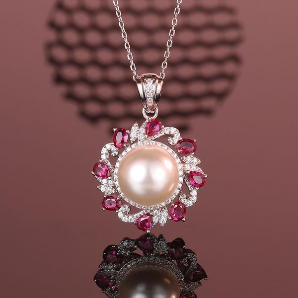 

925 Sterling Silver Pearl Pendant Necklace, Women's Creative Design with Full Diamond and Ruby Accents, Elegant Jewelry for Parties, Perfect Gift for Best Friends.