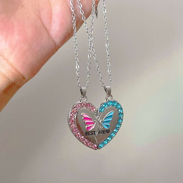Hot Selling Butterfly Friendship Necklace for Women, Personalized Temperament Color Dia Heart Pendant Clavicle Chain BFF Choker