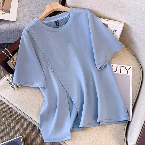

200 catties fat mm large size top short sleeve design irregular slit loose shoulder T-shirt high-end feeling 3390, Black
