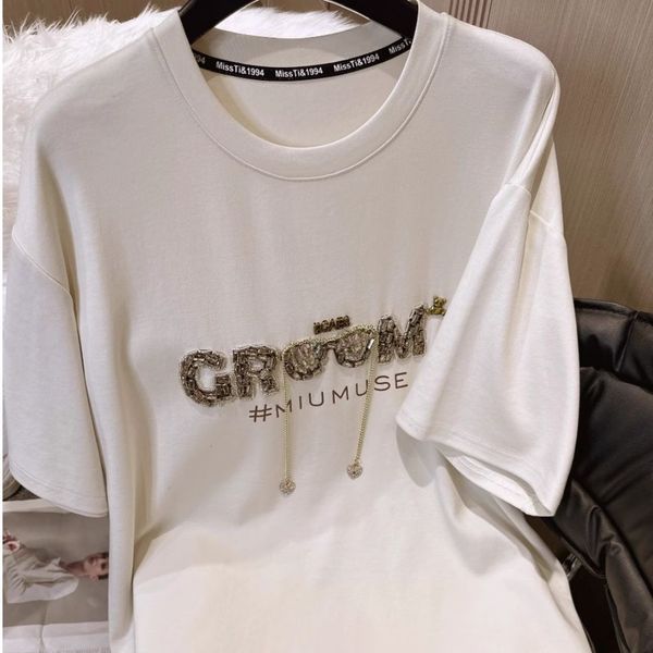 

Chic Rhinestone-Studded Alphabetic Graphic Mini Skirt Top - Oversized Fit, Ivory