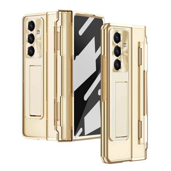 

Luxury Plating Armor Transparent Membrane Hinged Phone Case for Samsung Galaxy Folding Z Fold 7 6 5 4 Invisible Bracket Full Protective Tempered Film Kickstand Shell, Gold