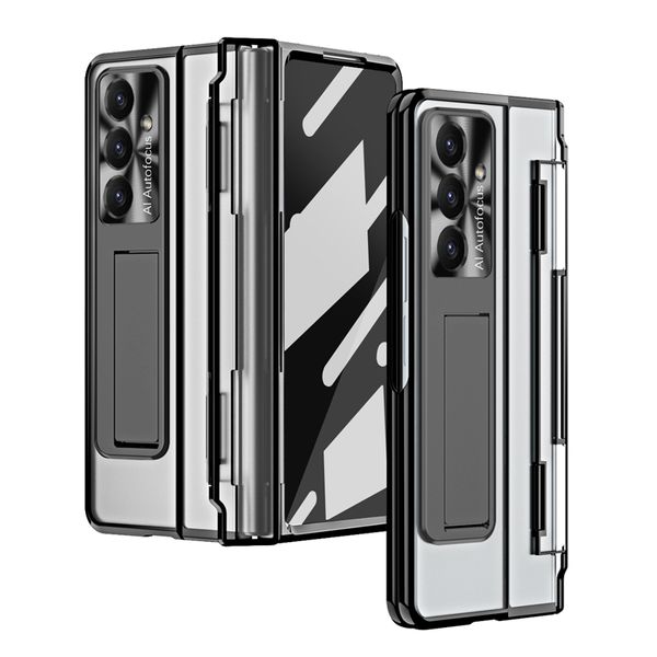 

Plating Armor Transparent Membrane Hinged Phone Case for Samsung Galaxy Folding Z Fold 7 6 5 4 Sturdy Invisible Bracket Full Protective Tempered Film Kickstand Shell, Pink