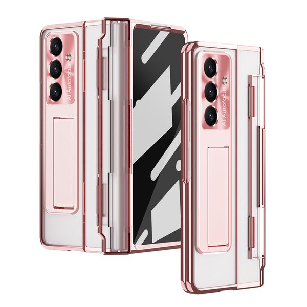 

Plating Armor Clear Membrane Hinged Phone Case for Samsung Galaxy Folding Z Fold 7 6 5 4 5G Business Invisible Bracket Full Protective Tempered Film Kickstand Shell, Gold
