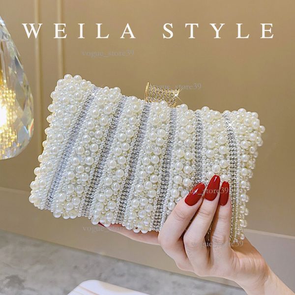 

European And American Style Elegant Evening Dia-Encrusted Clutch Pearl Rhinestone Party Bag Evening Banquet Bag Women's Small Square Bag For Women's Party E2b, Pillow pearl bag