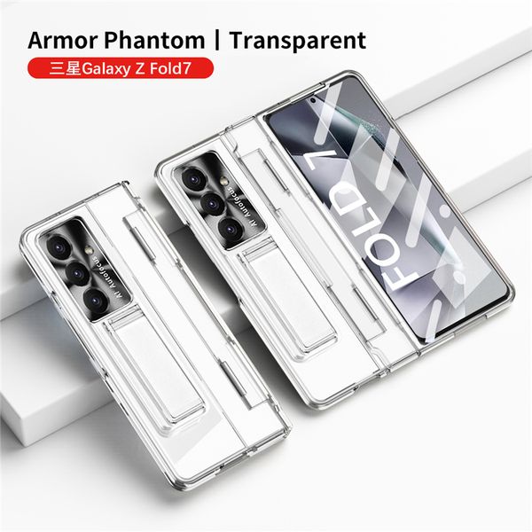 

Plating Hybrid Armor Transparent Membrane Hinged Phone Case for Samsung Galaxy Folding Z Fold 7 6 5 4 Invisible Bracket Full Protective Tempered Film Kickstand Shell, Blue
