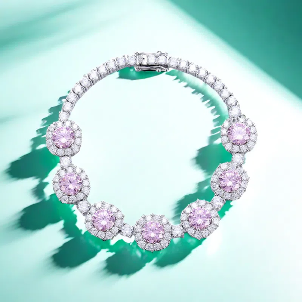 

S925 sterling silver 3CT*7 high carbon pink diamond women's bracelet, luxurious inlay, exquisite and fashionable, princess-style bracelet, cross-border wholesale