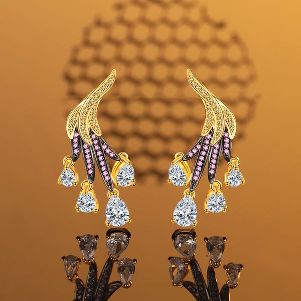

925 Sterling Silver Gold Wing Stud Earrings, Pear-Shaped Diamond Design, Elegant Versatile High-End Jewelry, Fashion Earrings
