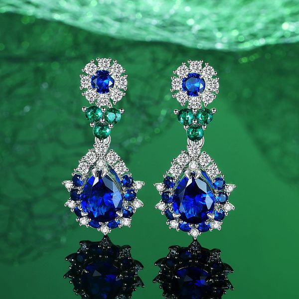 

S925 Sterling Silver Pigeon Blood Red and Blue High-End Waterdrop Pear-Shaped Earrings, Luxury Handmade Earrings for Parties