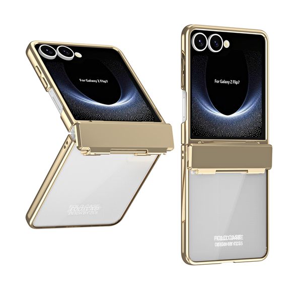 

Luxury Plating Transparent Membrane Hinged Phone Case for Samsung Galaxy Folding Z Flip 7 6 5 4 5G Durable Stylish Business Full Protective Tempered Glass Fold Shell, Black