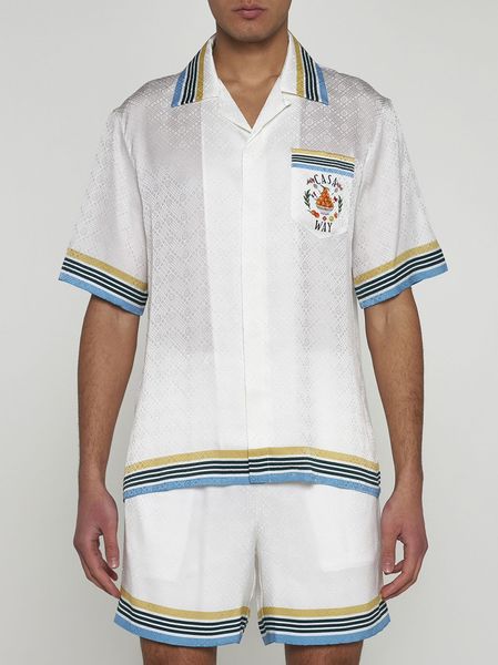 

25ss Casabalnc Men' and Women' Hawaiian Vacation Designer Casual Silk Drawstring Straight Shorts New Trend Summer Thin Short Sleeve Cardigan Silk Shirt Tops Set, Purple