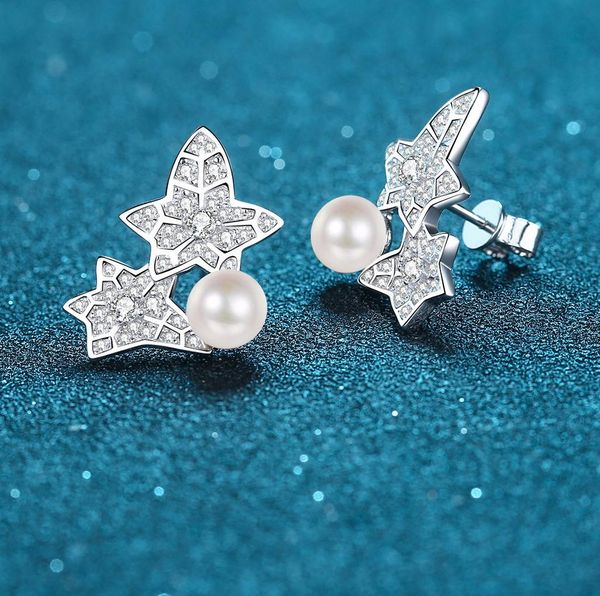 

925 Sterling Silver Freshwater Pearl Floral Leaf Earrings with Flawless Moissanite Studs Popular Network Style Wholesale