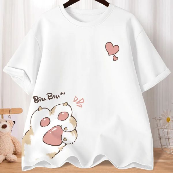 

Summer Cartoon Cute Sweet Cat Claw Love Printed Short Sleeve T-shirt Women's Loose Youth Student Half Sleeve Oversized Shirt Top, White