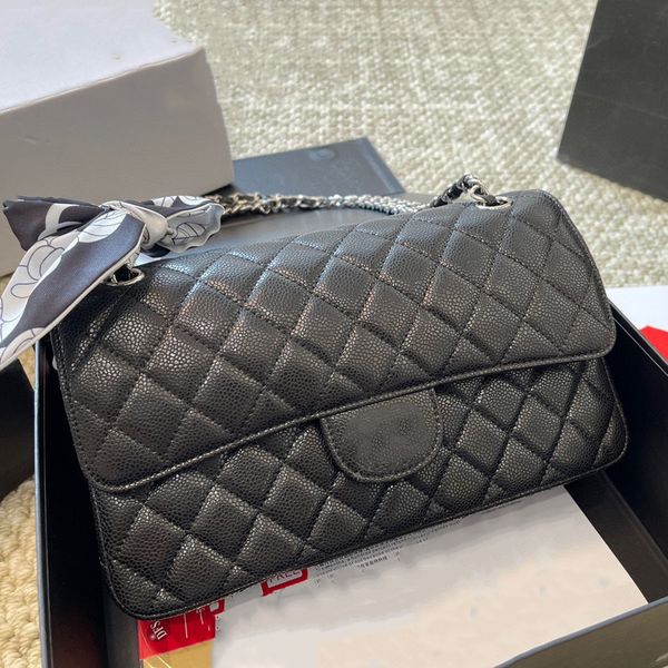 

Cross Body Card Holder Designer Handbag Luxury Bags High Quality Genuine Leather Double Chain Interior Compartment Flap Pocket HandBags Designer Crossbody Bag, Black-silver chain