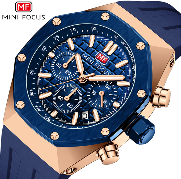 

SLC Multi functional waterproof quartz watch night light sports men's watch,stainless steel case with silicon band, Blue