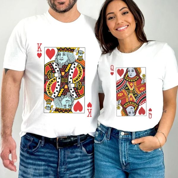 

Playing Cards Heart K/Q Graphic T Shirts Couples Y2k Fashion Queen King Tees Harajuku Funny Boyfriend Girlfriend Tee Loves Shirt, Beige