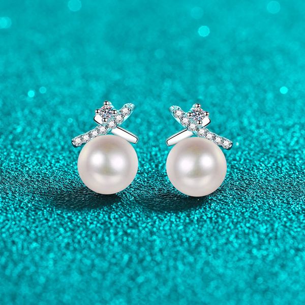 

S925 Sterling Silver Women's Cross Design Minimalist Earrings, Moissanite Pearl Studs, Versatile Fashion New Arrival Jewelry