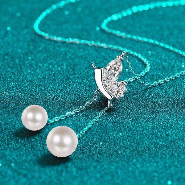 

925 sterling silver necklace for women with moissanite and freshwater pearls PT950 gold plated elegant minimalist clavicle chain