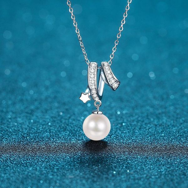 

925 Sterling Silver Cross Collarbone Necklace 8mm Flawless Freshwater Pearl Moissanite Minimalist Fashion Necklace
