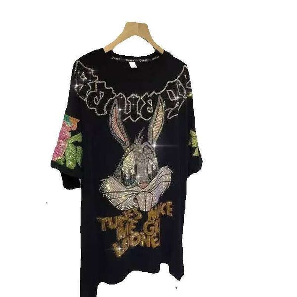 

Plus Size 1.0-150kg Heavy Embroidered Rhinestone Short Sleeve T-Shirt for Women Round Neck Peony Flower Rabbit Fashionable Stylish Top, Black