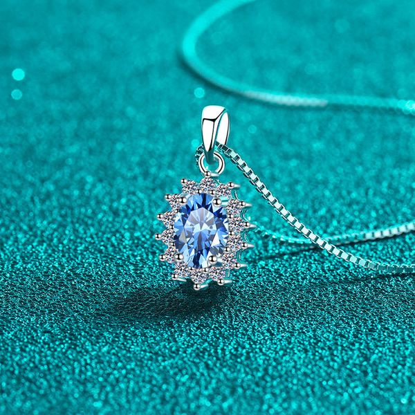 

925 Sterling Silver Moissanite Necklace for Women Blue Oval Moissanite Pendant Lightweight Luxury Box Chain Design