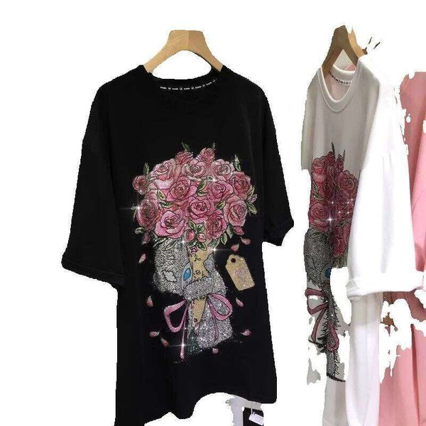 

Plus Size Women's Clothing 1.0-150kg Fat MM Pullover Heavy Embroidered Rhinestone Flower Short Sleeve T-Shirt Fashion Top, White