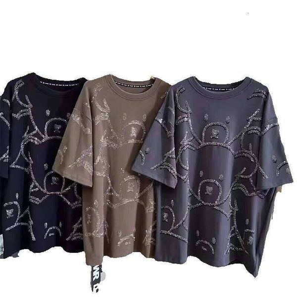 

Plus Size 1.0-150kg Fat MM Spring Summer Heavy Embroidered Rhinestone Full Body Bear Design Sense Youthful Loose Short Sleeve T-Shirt for Women, Khaki color