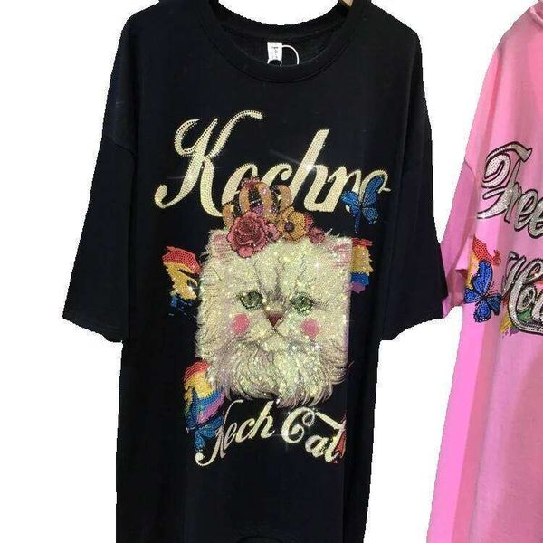 

Plus Size 150kg Heavy Embroidered Rhinestone Kitten Short Sleeve T-Shirt for Women Summer New Versatile Top Trendy, Black