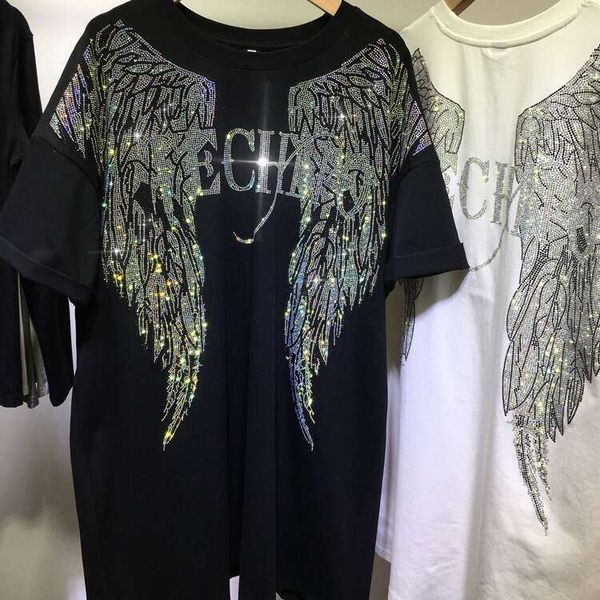

Plus Size 150kg Heavy Embroidered Rhinestone Short Sleeve T-Shirt for Women with Wings, Summer New Luxury Slimming Top, White