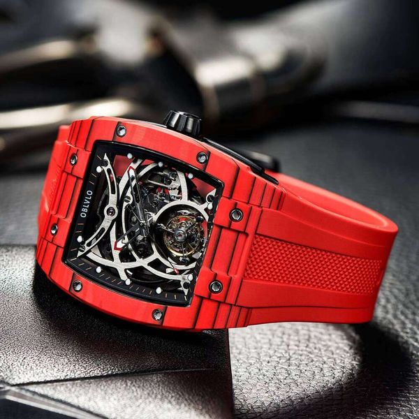 

OBLO Sport Carbon Watch for Men Tonneau Skeleton Tourbillon Automatic Steel Rubber Strap Watches EM-RT, Em-rt-cbb