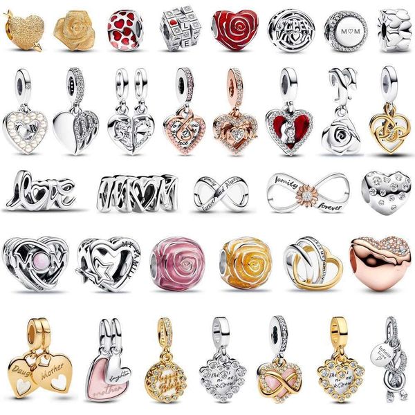 

2025 New Mother's Day Series 925 Sterling Silver Heart Rose Charms Beads Infinity Rose Heart Dangle Charm Fits Necklace Bracelet DIY For Mom Jewelry Gift