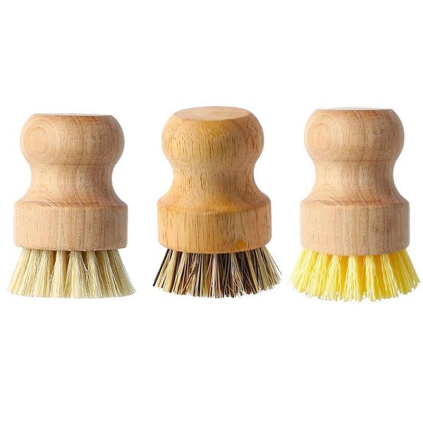 Palm Pot Wash Brush Wooden Round Mini Dish Brush Natural Scrub Brush Durable Scrubber Short Handle Cleaning Dishes Kitchen Kit HW0432