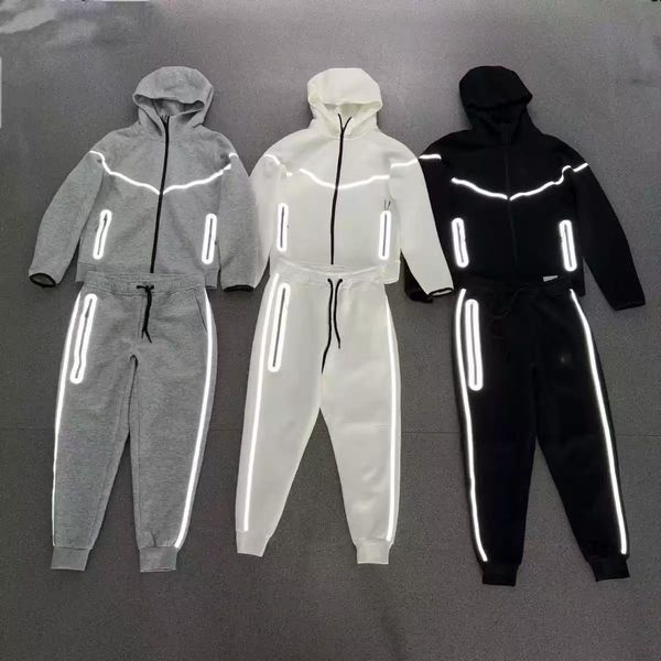 

Cross-border overseas spring and autumn reflective knitted hooded zipper jacket sports leisure suit 3 colors S-XXL, White