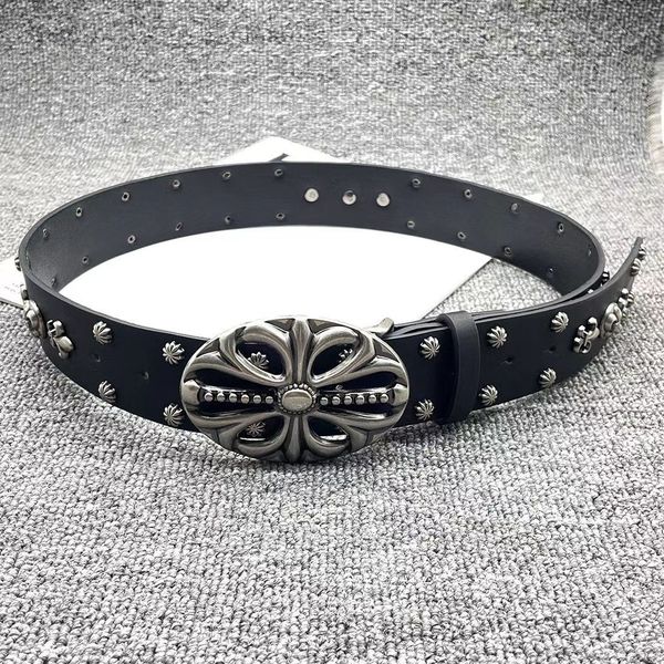 

Black Studded Vintage Cowhide Belt, Beige