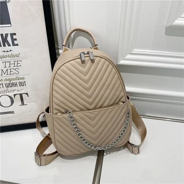 Stylish V Stripe PU Leather Small Backpacks For Women Solid Colour Trendy Chain Backpack Female Anti-theft Travel Bag Trend 251202