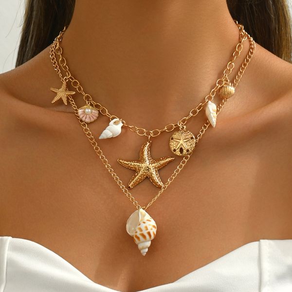 

designer European And American Cross-Border luxury Ocean Style Starfish Shell Vintage free shipping Vacation Necklace For Women Beach Jewelry