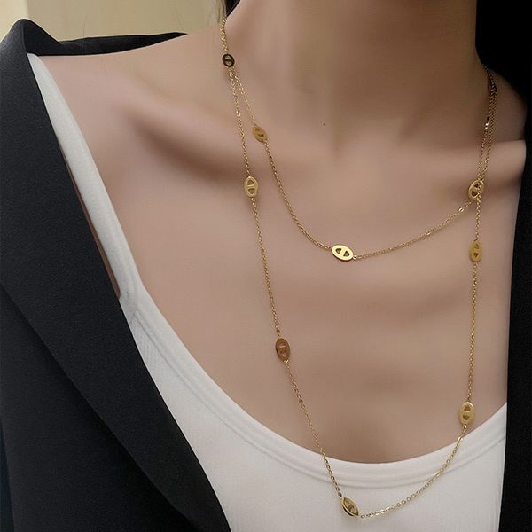 

Light luxury Luxury Non-Fading Double designer Layer free shipping Pig Nose Extra Long Simple Niche High-End Feel Layered Sweater Chain
