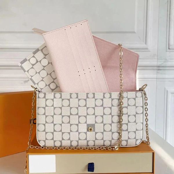

Luxury Genuine Designers Bags 3pcs/set accessories women Crossbody Leather Purse Messenger Handbags Flowers shoulder Evening bag lady with box MM61276, White flower - pink