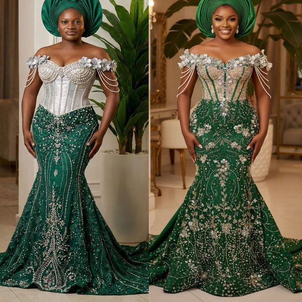 

Aso Ebi Dark Green Mermaid Prom Dresses 2026 Beaded Flowers Sequined Evening Formal Party Second Birthday Engagement Gowns Plus Size Dress For Special Occasions, Same as picture