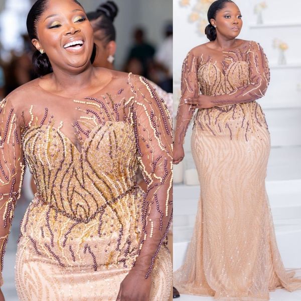 

Aso Ebi Champagne Mermaid Prom Dresses 2026 Pearls Beaded Sheer Neck Evening Formal Party Second Birthday Engagement Gowns Plus Size Dress For Special Occasions, Light purple